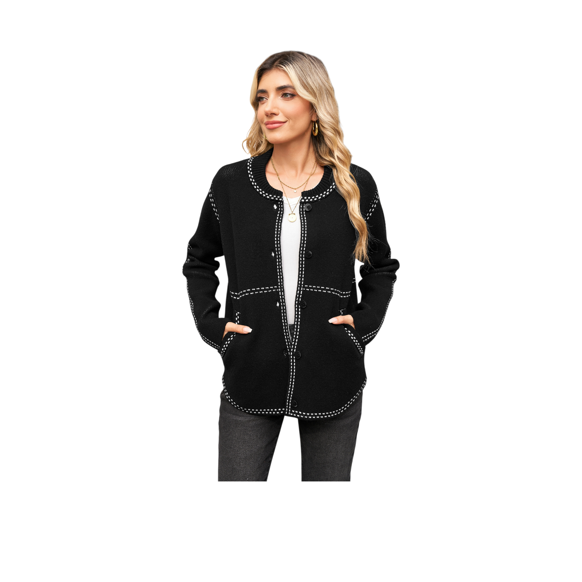 Woman wearing a black jacket with white stitching on a white background