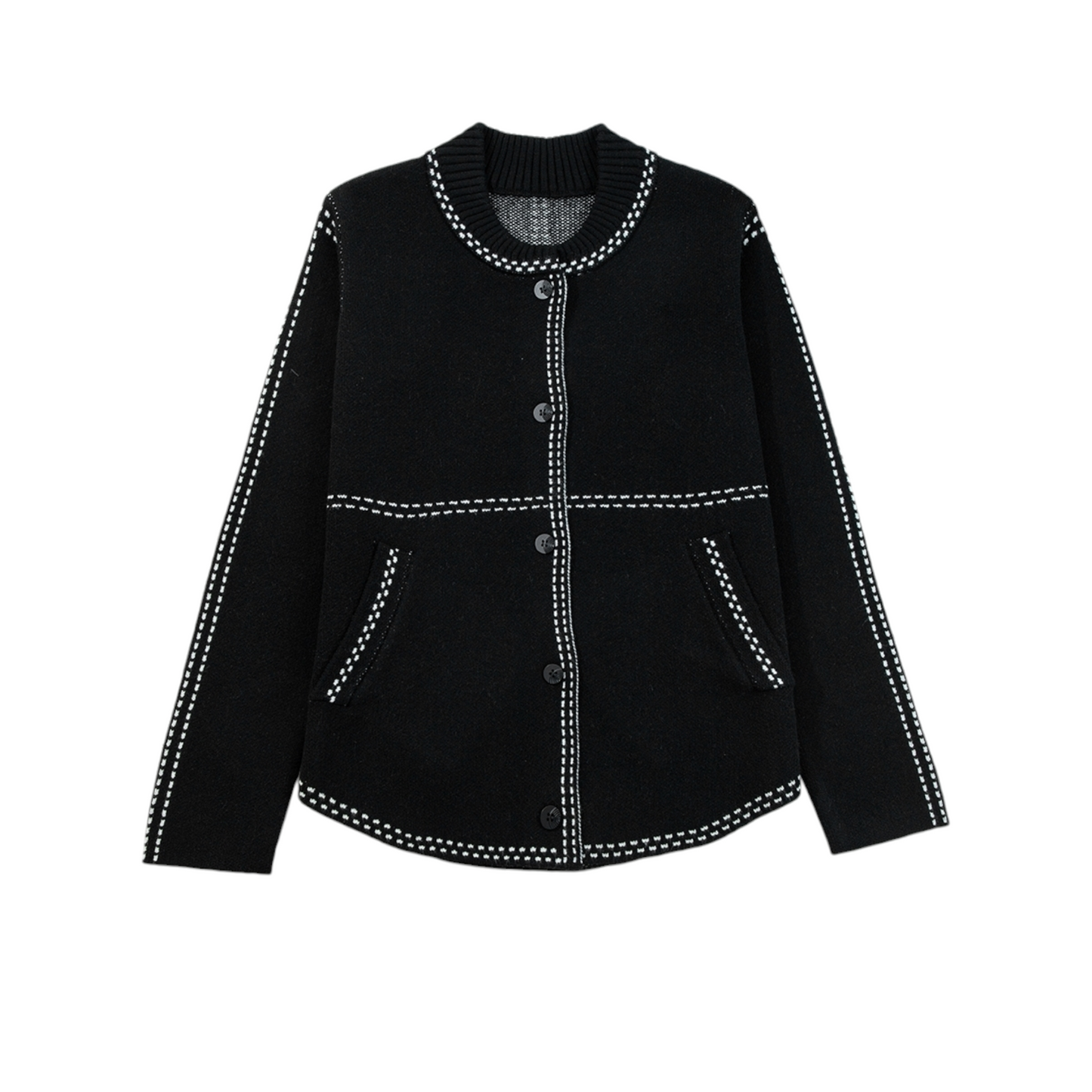 Black jacket with white stitching on a white background