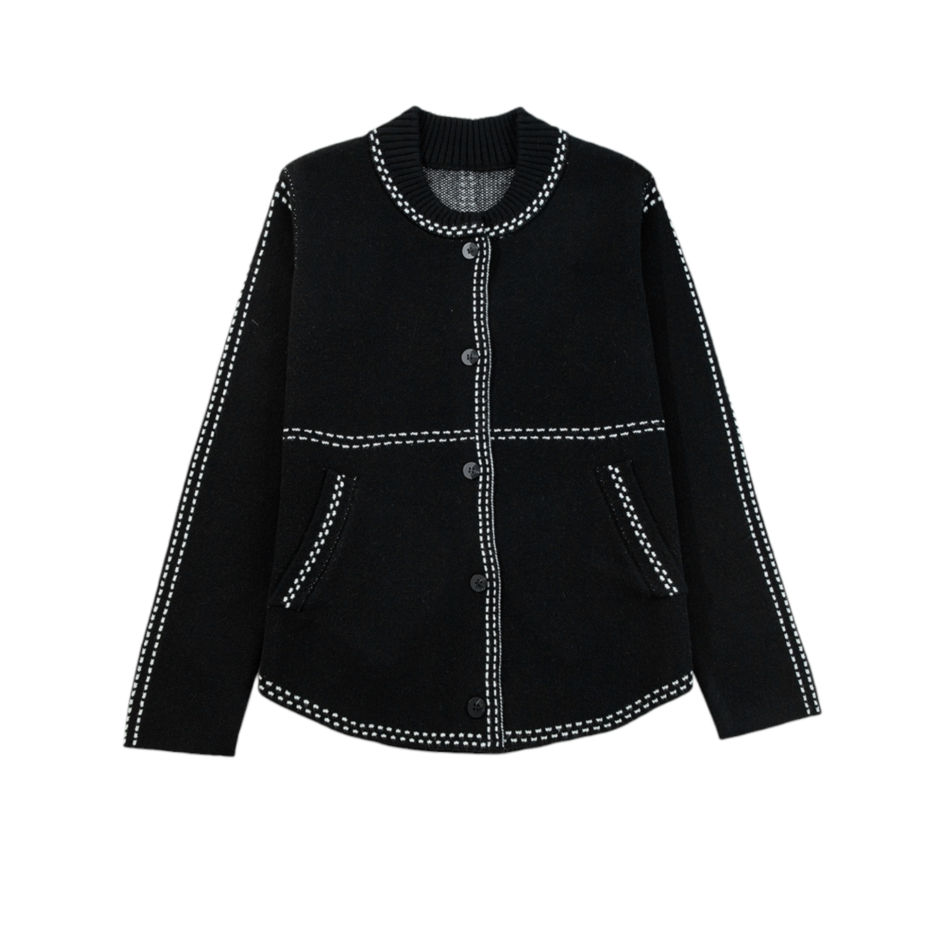 Black jacket with white stitching on a white background