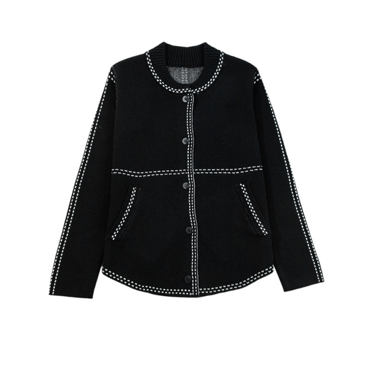 Black jacket with white stitching on a white background