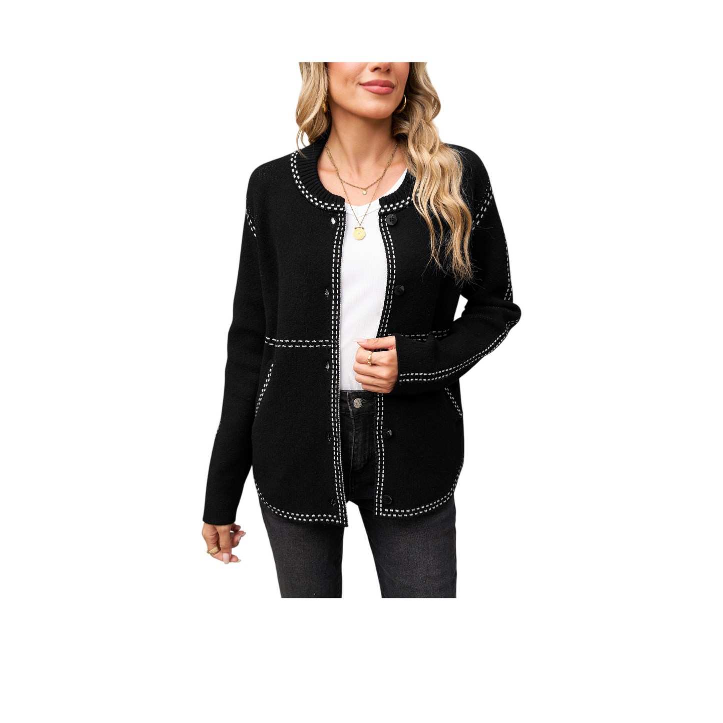 Woman wearing a black cardigan with white stitching on a white background