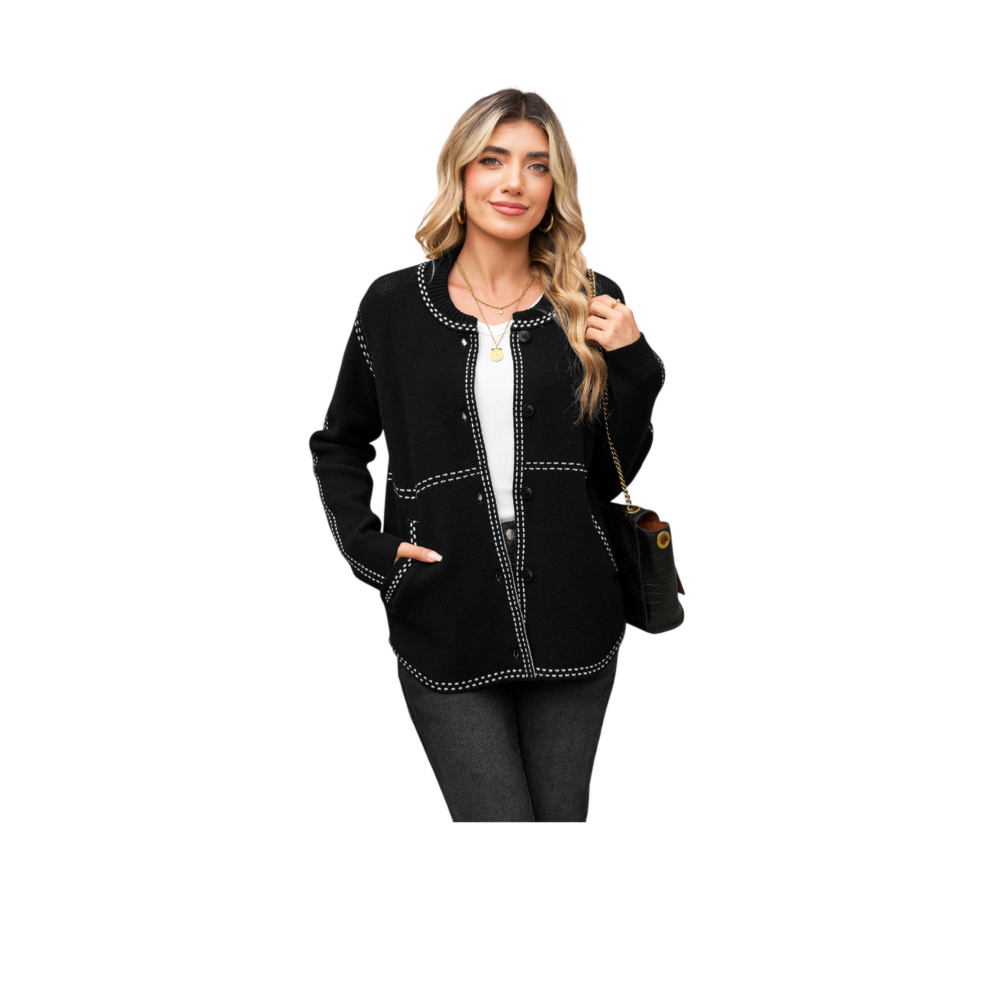 Woman wearing a black jacket with white stitching on a white background
