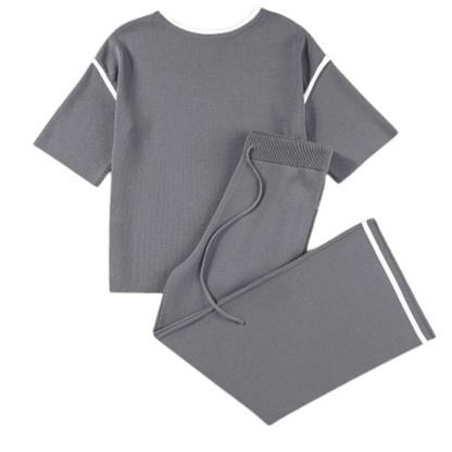 Gray pajama set with white stripes on a white background