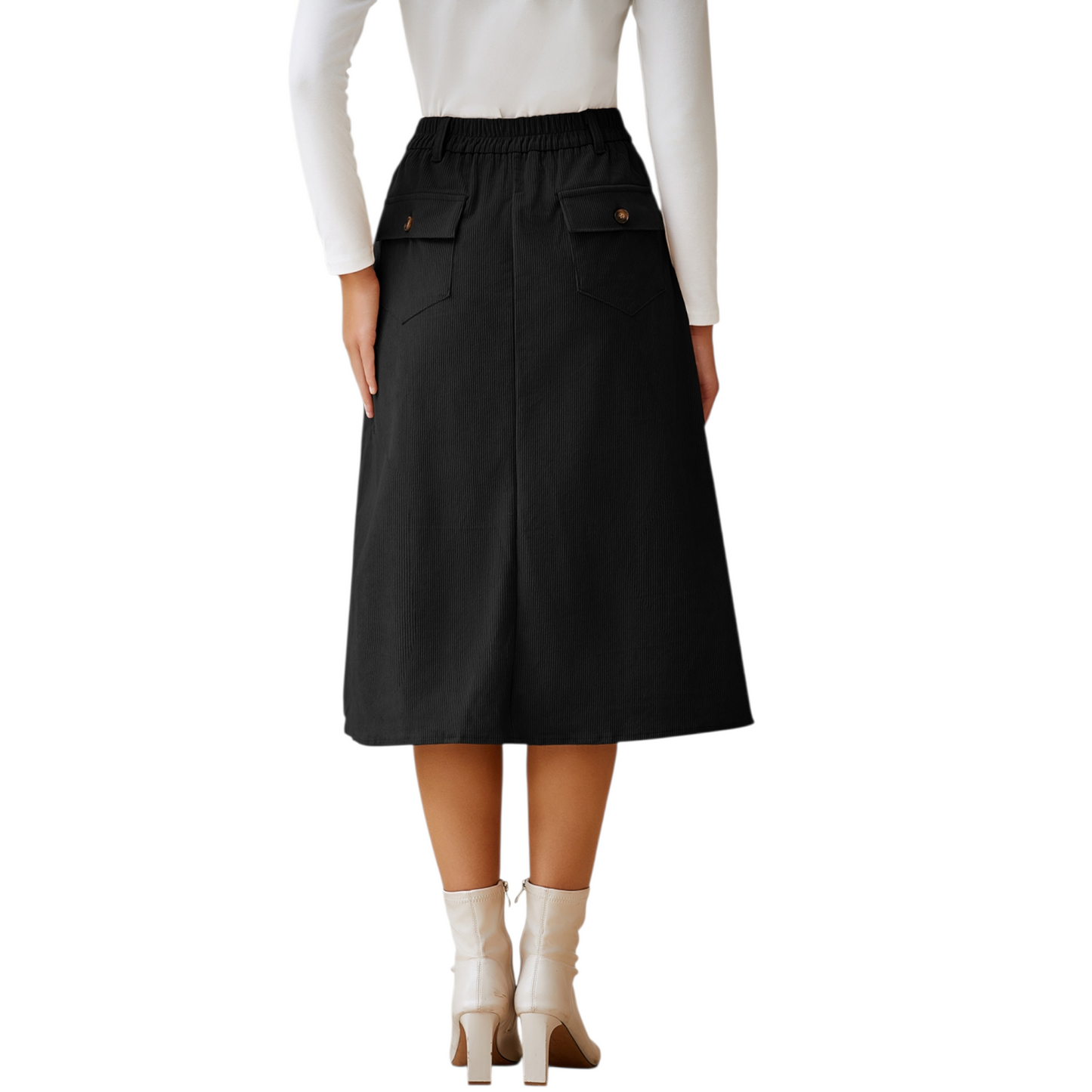 Black skirt worn by a person on a white background