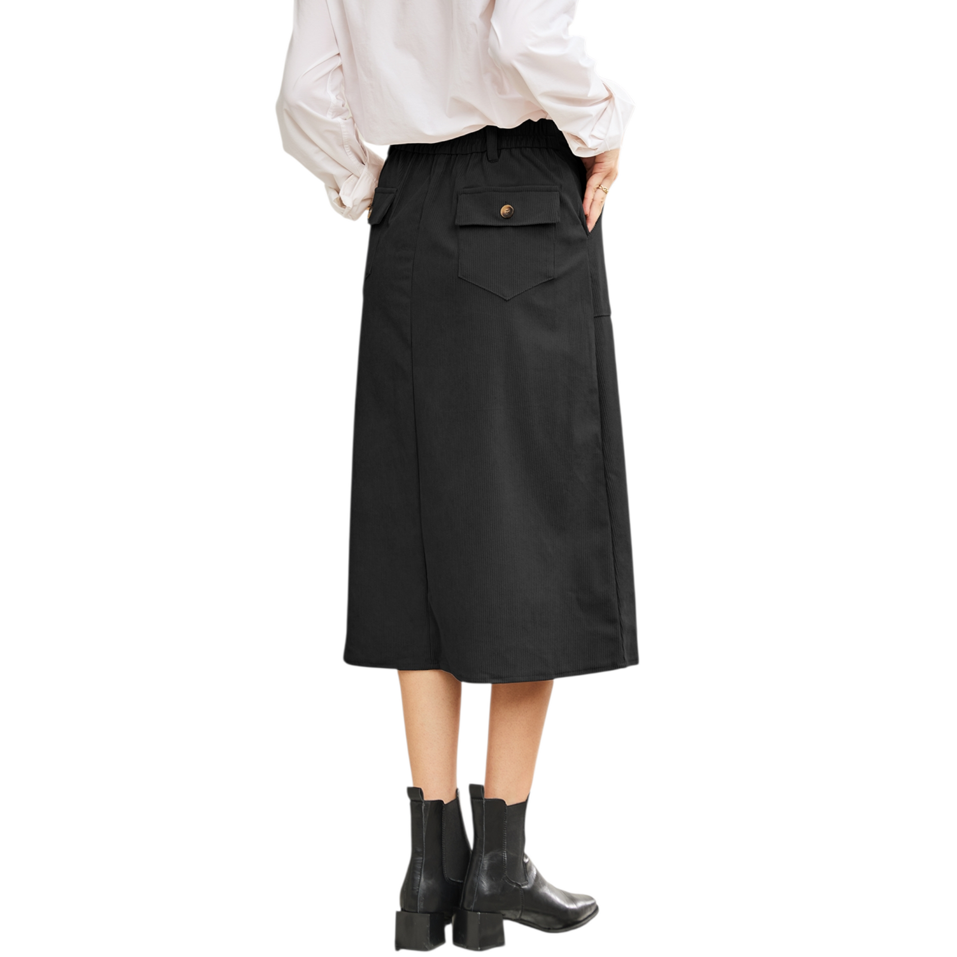 Person wearing a black skirt with a white shirt on a white background