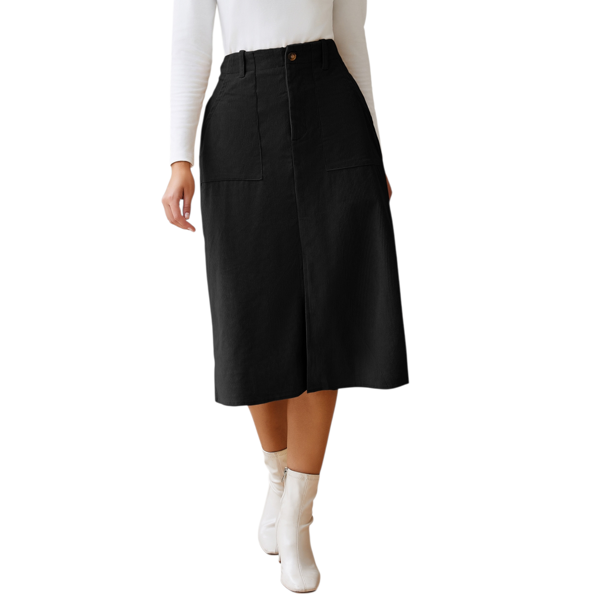 Person wearing a black skirt on a white background