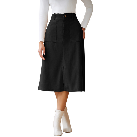 Black skirt worn by a person on a white background