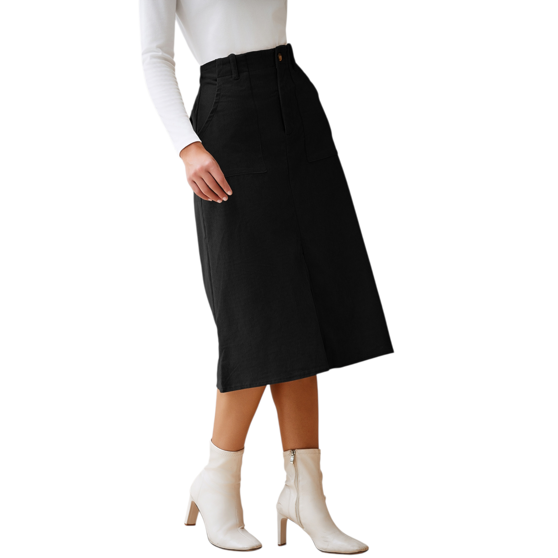 Black skirt worn by a person on a white background