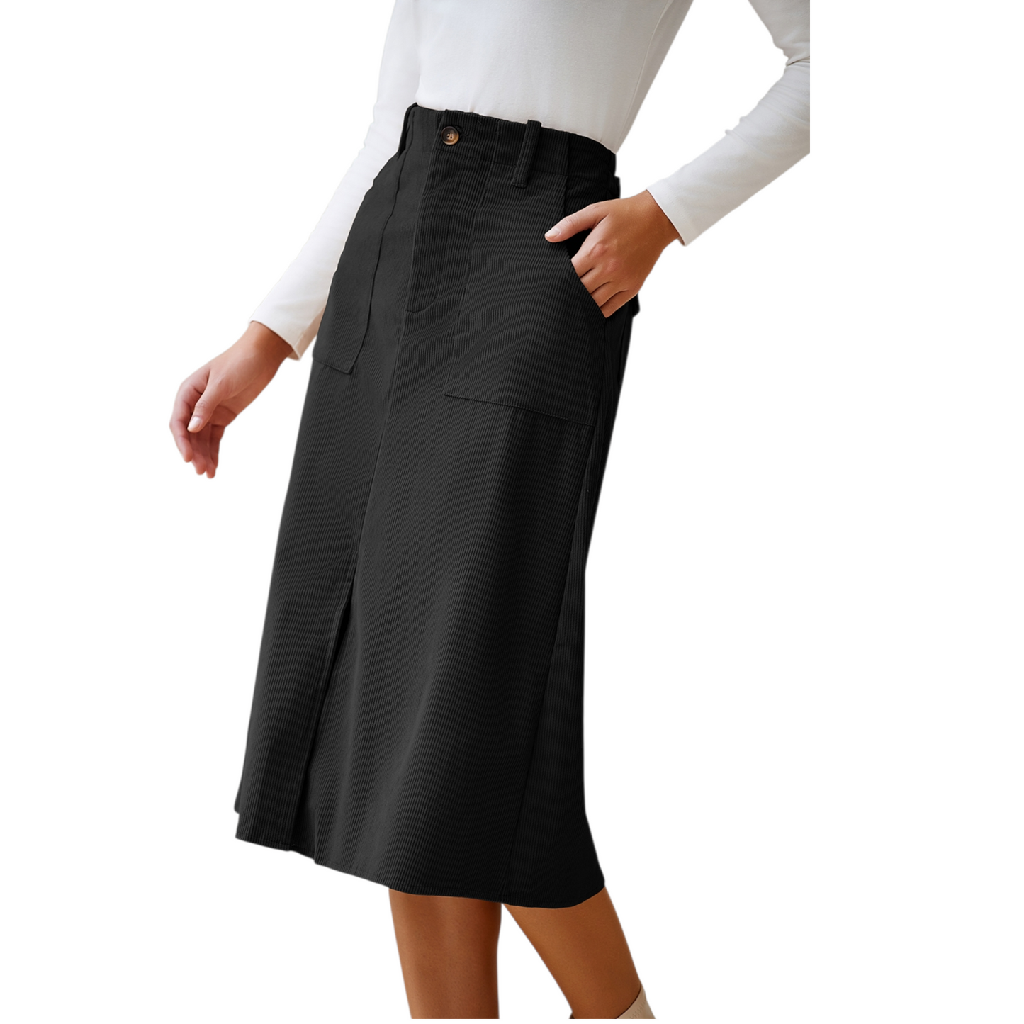 Black skirt worn by a person on a white background