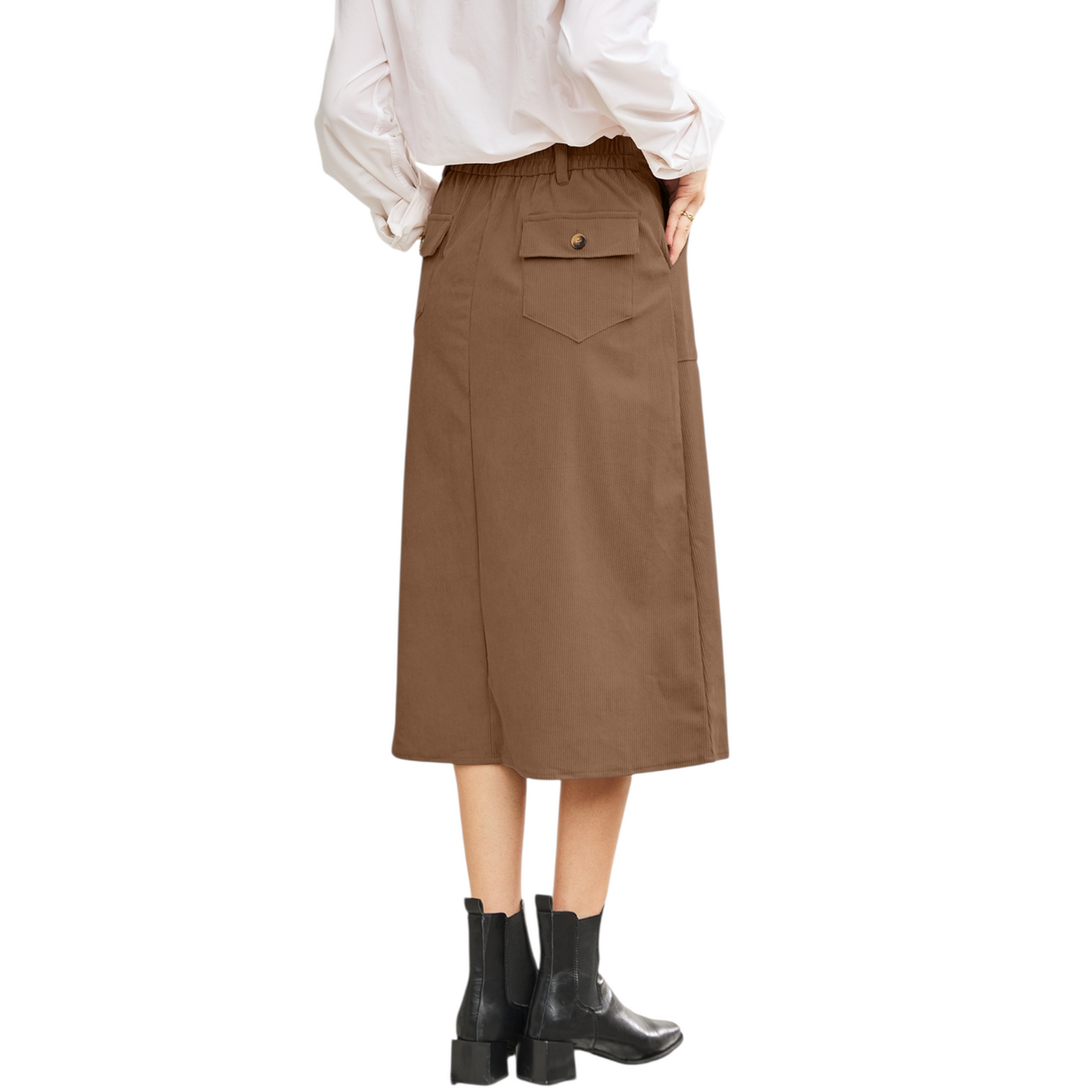 Brown skirt worn by a person on a white background