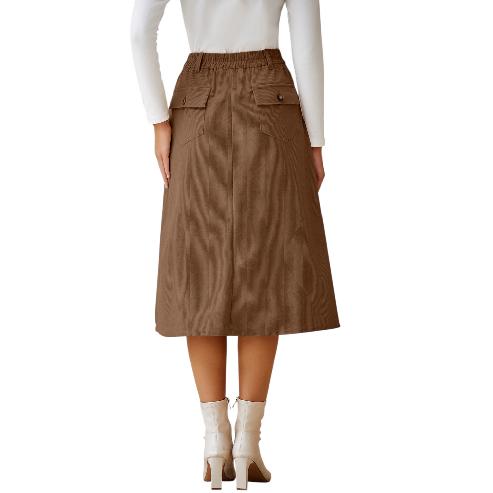 Brown skirt worn by a person on a white background