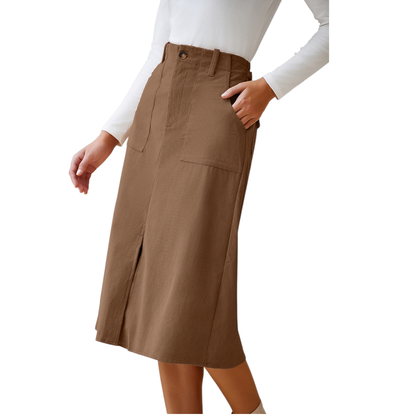 Brown skirt worn by a person on a white background