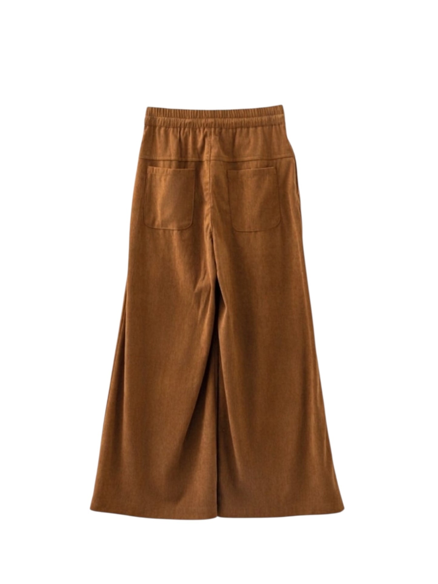 A pair of wide-leg brown corduroy pants with an elastic waistband and two back patch pockets, shown against a plain white background.