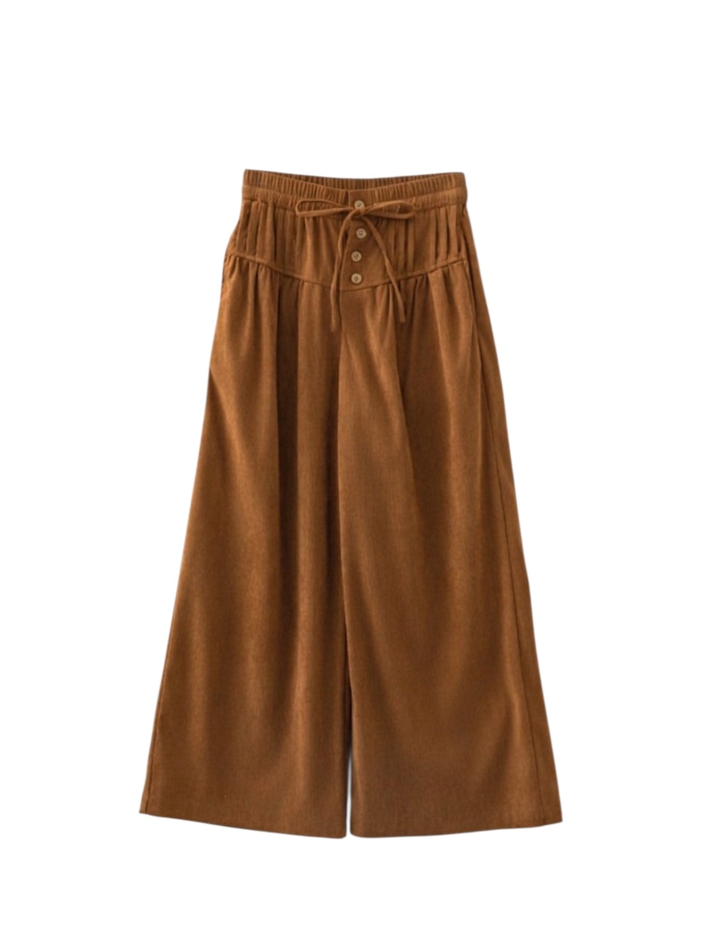 A pair of wide-leg cropped pants in a warm brown corduroy fabric, featuring an elastic waistband with a drawstring and three decorative buttons down the front center.