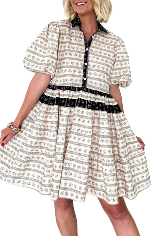 Cream boho floral mini dress with striped patterns and bubble sleeves, perfect for spring and summer seasons.