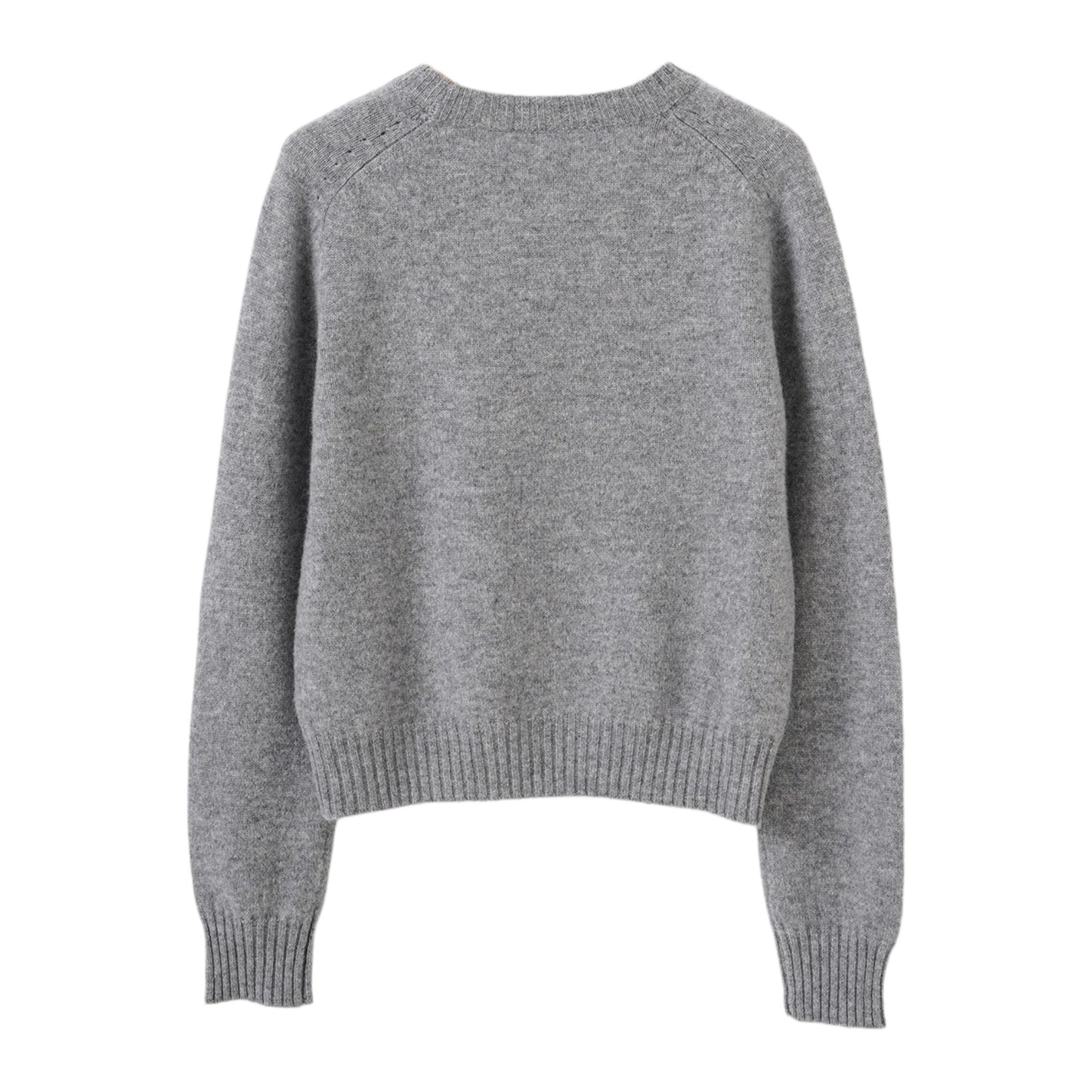 Rear flat lay view of the classic grey woolen knit jumper showing the seamless raglan sleeve finish.
