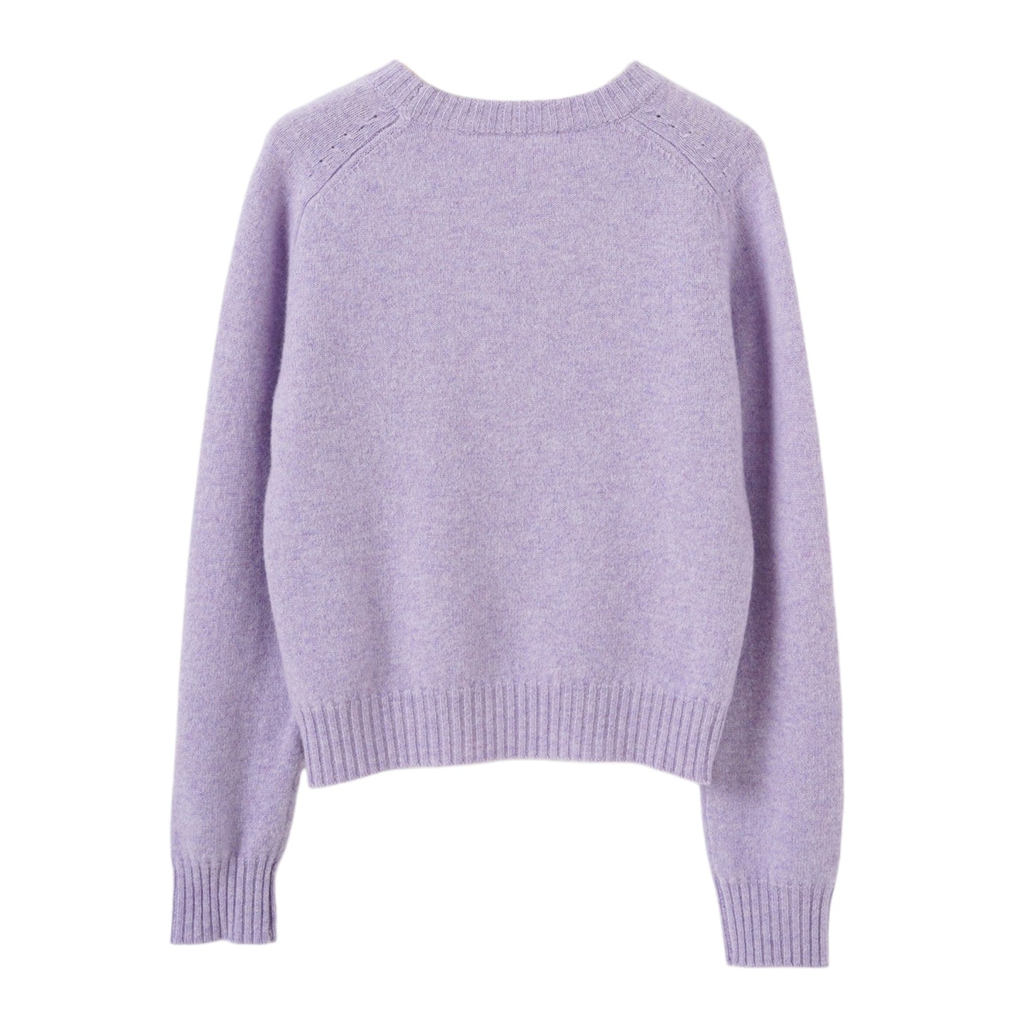 Rear flat lay view of the lavender wool-blend crew neck sweater displaying the fine gauge knit pattern.