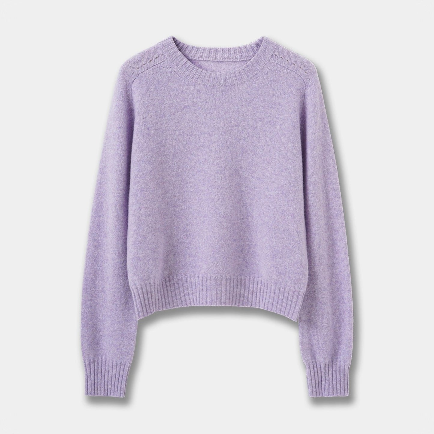 Front flat lay view of the pastel purple wool-blend knit sweater showcasing the textured neckline stitch.