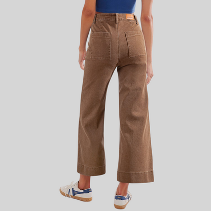Cropped Utility Wide-Leg Trousers - back view, brown color