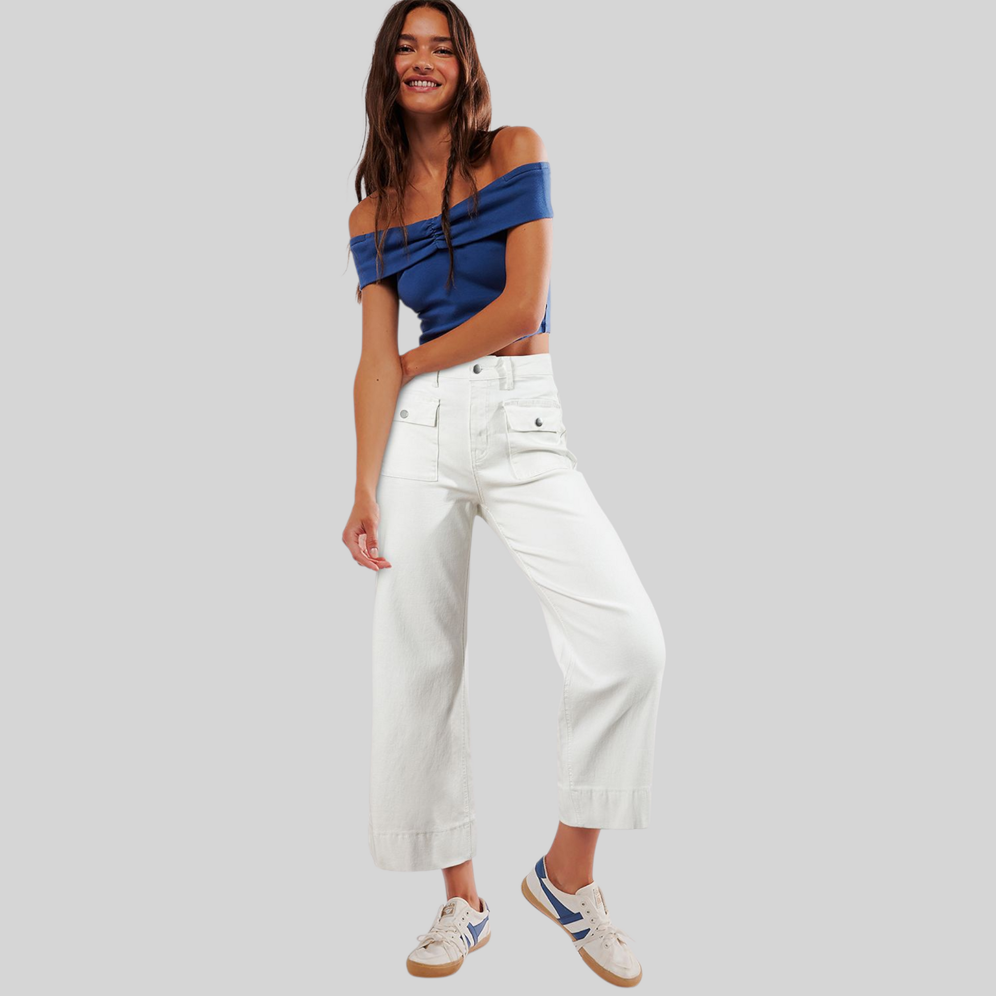 Cropped Utility Wide-Leg Trousers - full view, white color