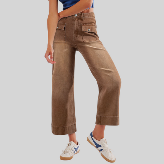 Cropped Utility Wide-Leg Trousers - front view, brown color