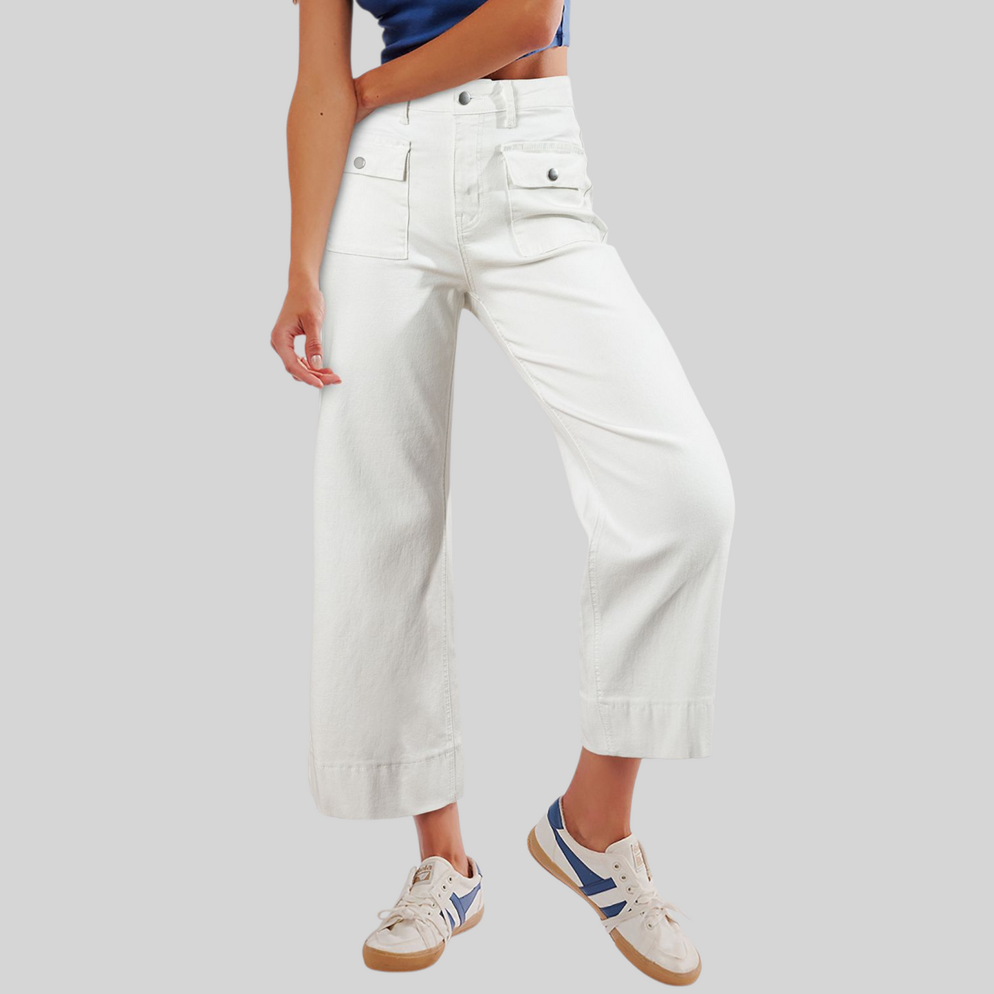 Cropped Utility Wide-Leg Trousers - front view, white color