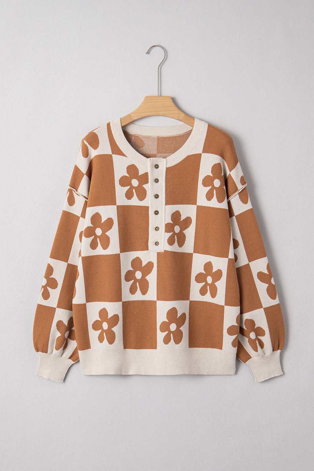 Floral Checkered Henley Sweater
