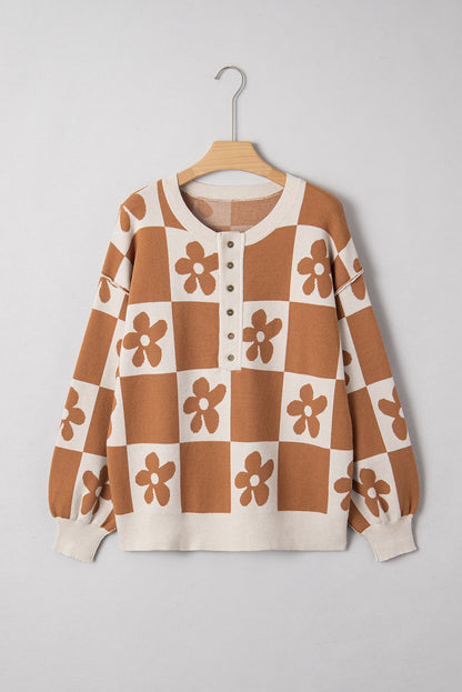Floral Checkered Henley Sweater