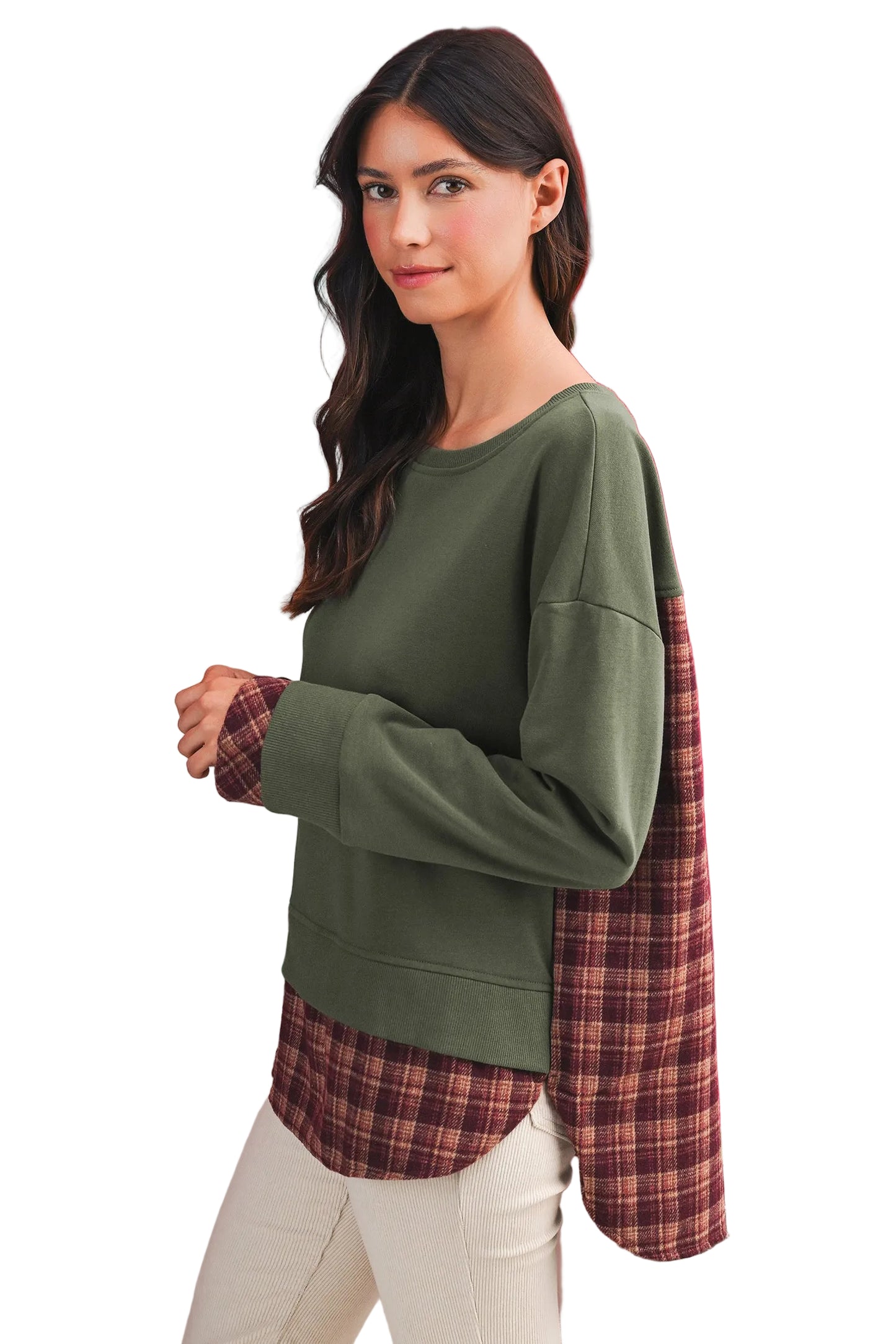 Side-profile view showcasing the high-low curved hemline and layering effect of the contrast panel top.