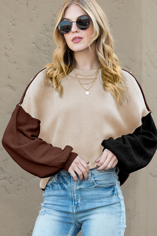 Trendy Women's Knit Jumper – Brown & Beige Colour Block - Catherine Martin