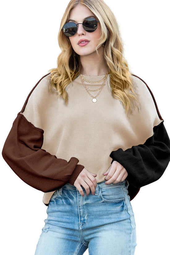 Trendy Women's Knit Jumper – Brown & Beige Colour Block - Catherine Martin