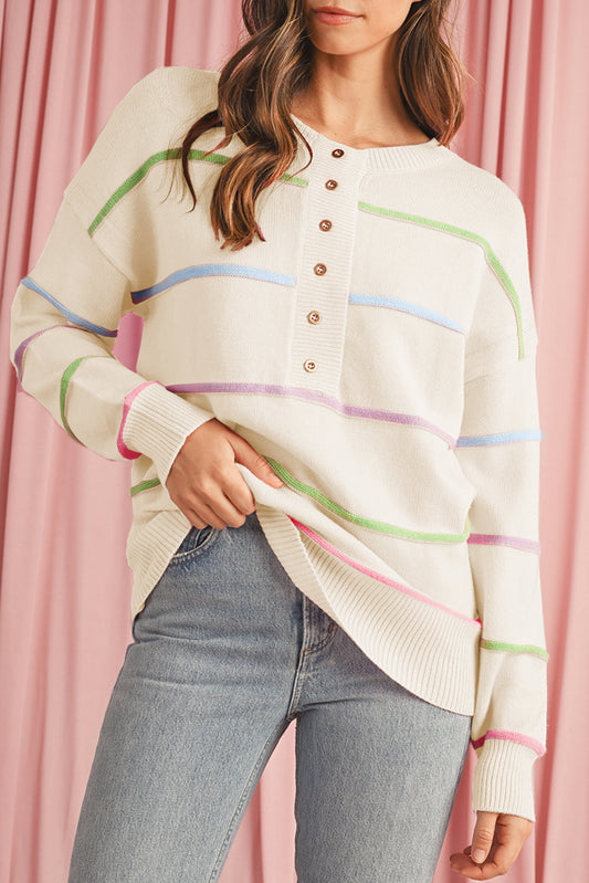 Striped Button Front Knit Jumper for Ladies. Front view.
