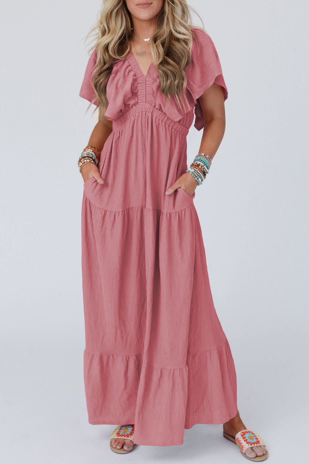 Flowy Boho Maxi Dress With Sleeves- Rose  colour. Front view.