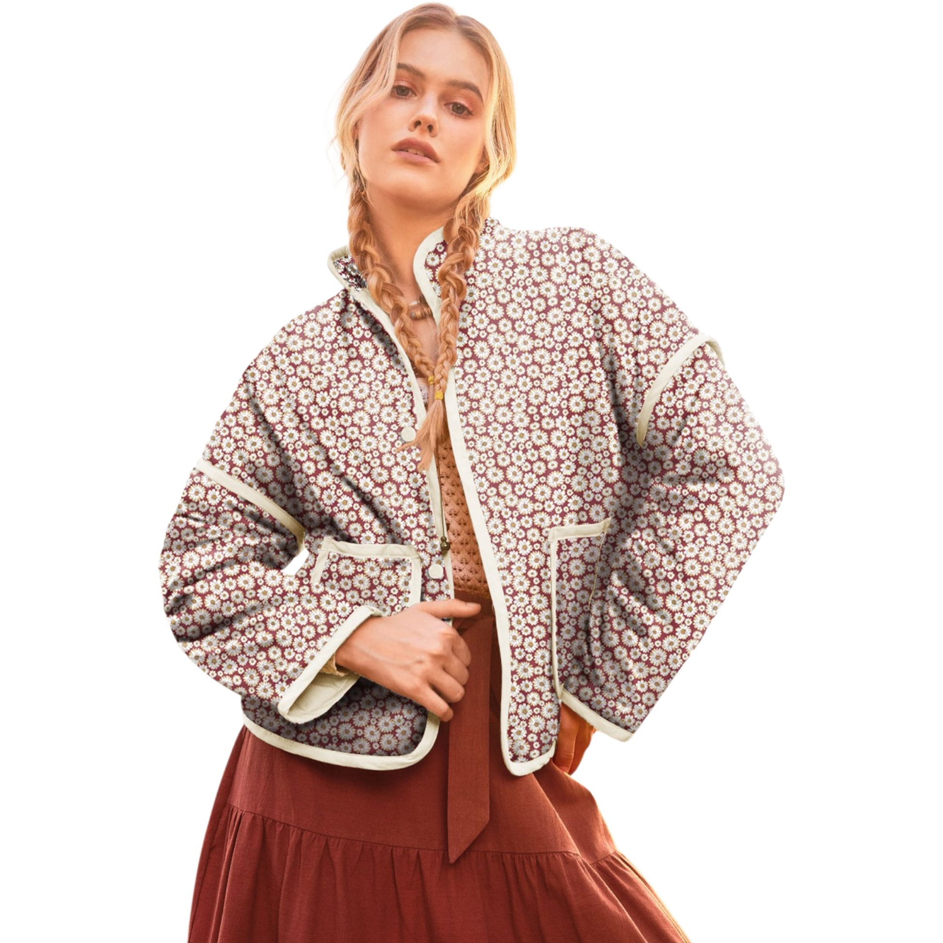 A woman wearing a burgundy quilted jacket with a white daisy floral print, featuring a stand collar and relaxed fit.