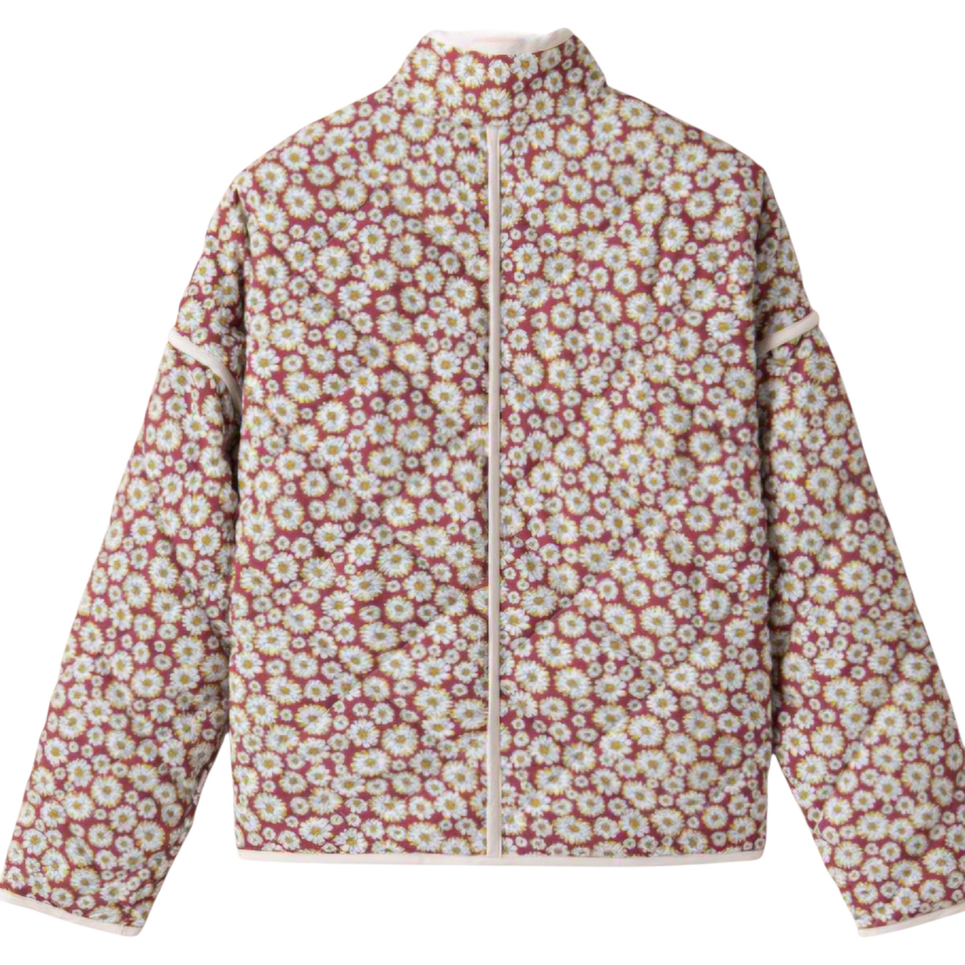 The back view of a burgundy floral quilted jacket showcasing the vertical seam detail and high-quality 100% polyester construction.