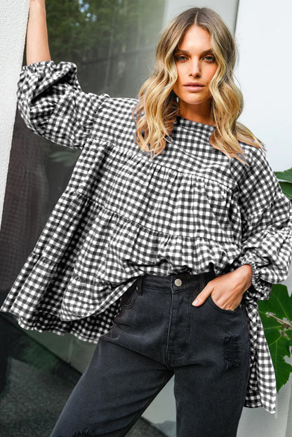 Black Plaid Tiered Oversized Blouse - Catherine Martin