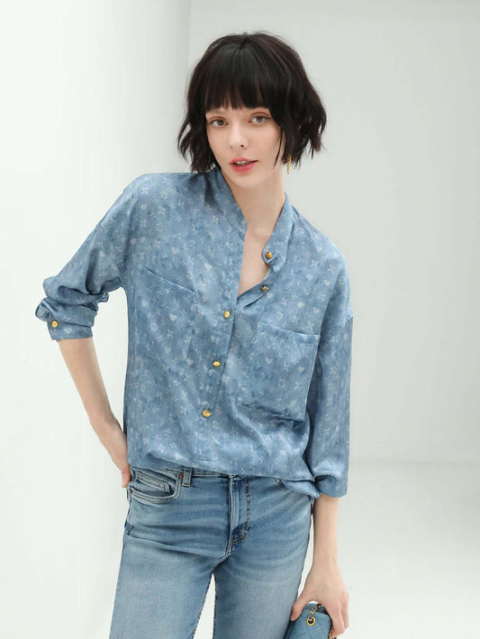 Denim Blue Monogram Silk Satin Shirt-0