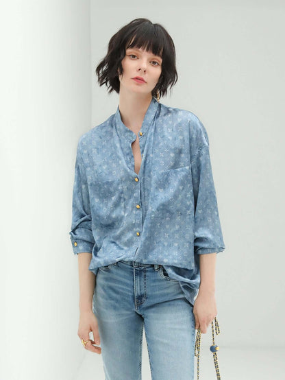 Denim Blue Monogram Silk Satin Shirt-2