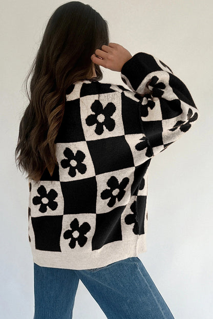 Floral Checkered Henley Sweater