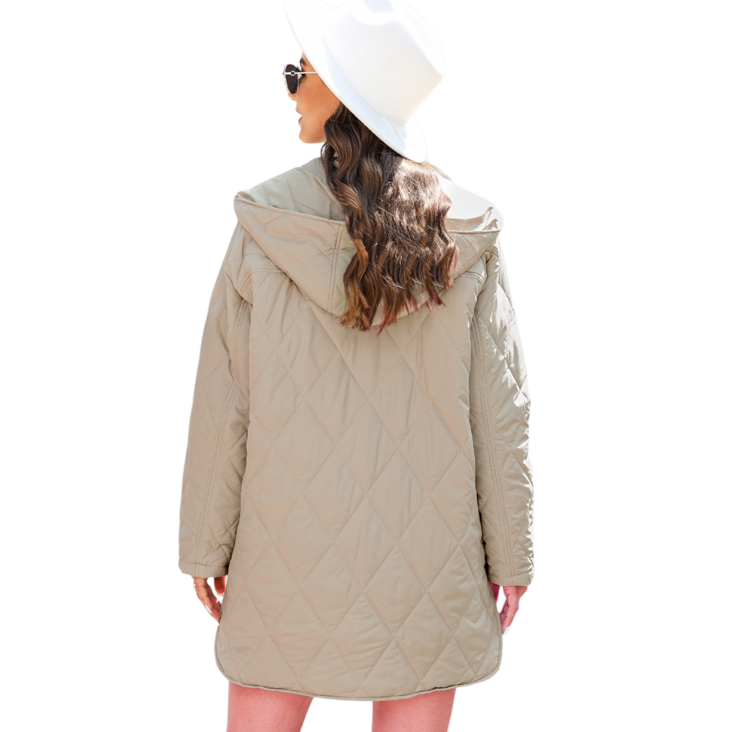 Khaki/Light Taupe Diamond Quilted Hooded Puffer Coat with Snap Button Closure and a relaxed fit.