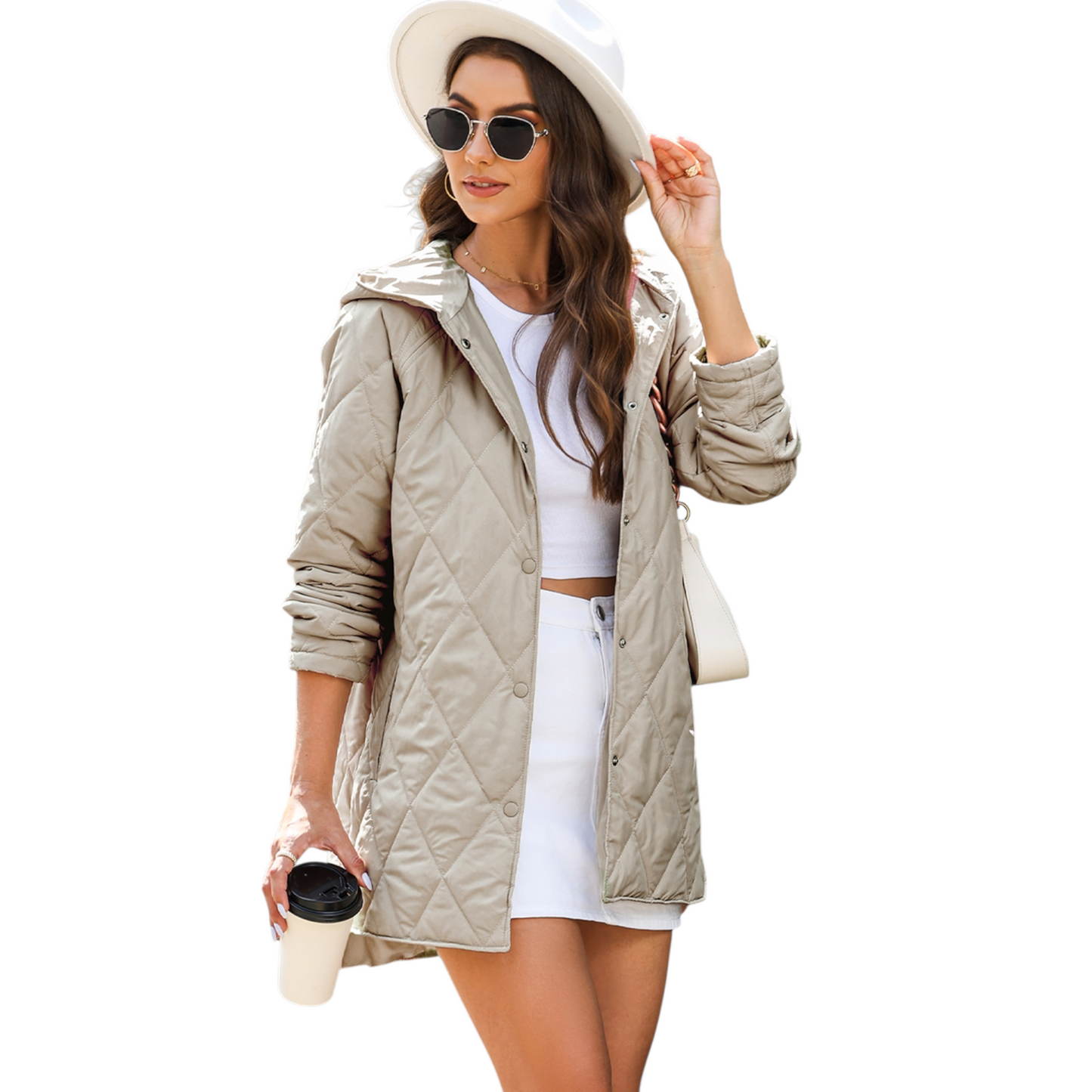 Khaki/Light Taupe Diamond Quilted Hooded Puffer Coat with Snap Button Closure and a relaxed fit.
