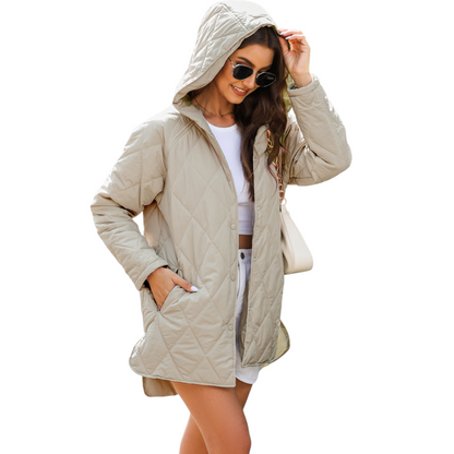 Khaki/Light Taupe Diamond Quilted Hooded Puffer Coat with Snap Button Closure and a relaxed fit.