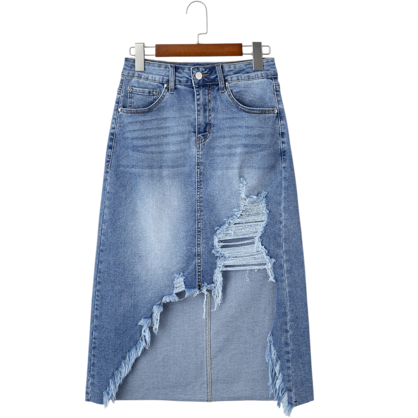 Blue denim skirt with distressed details on a white background