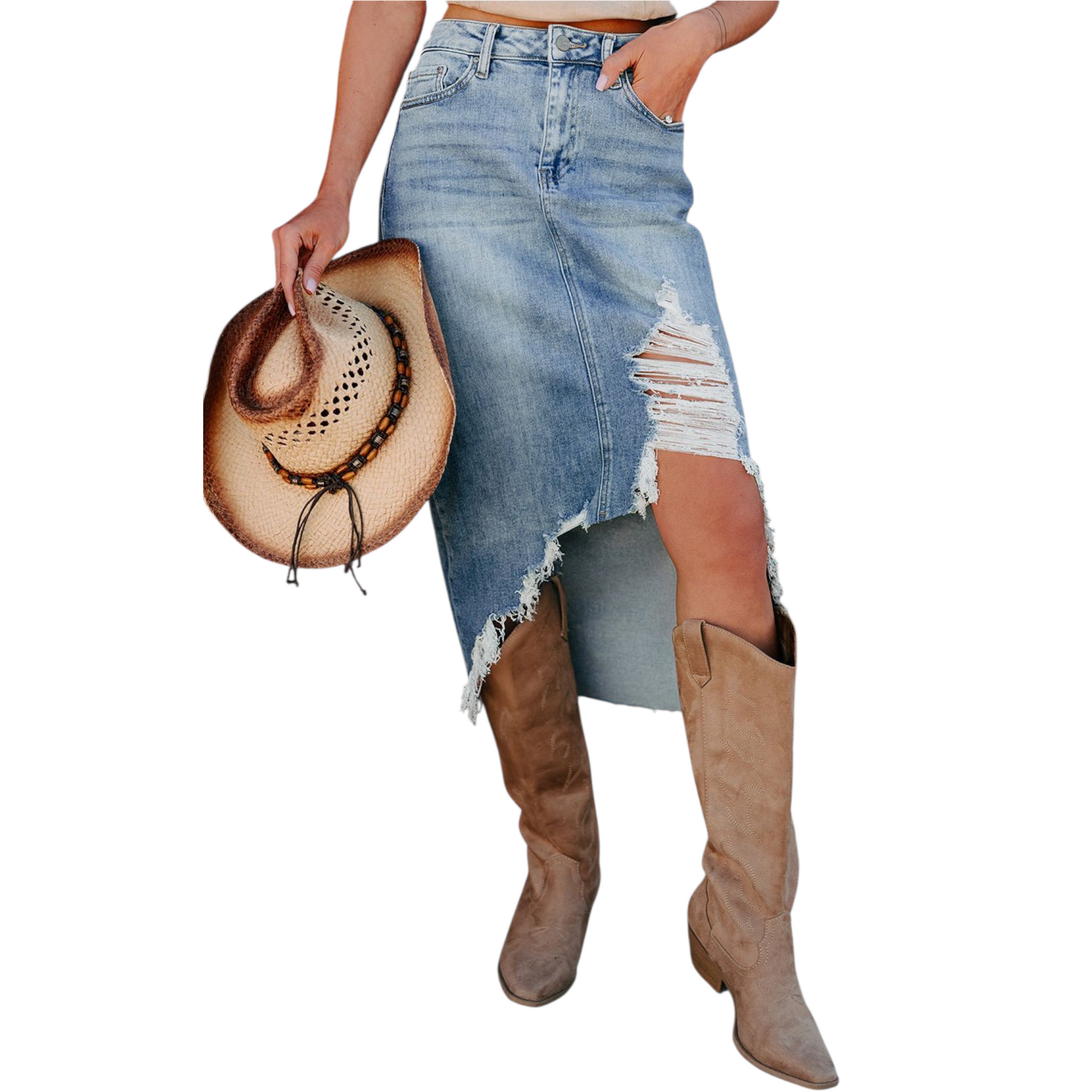 Person wearing a distressed denim skirt and brown knee-high boots, holding a cowboy hat.