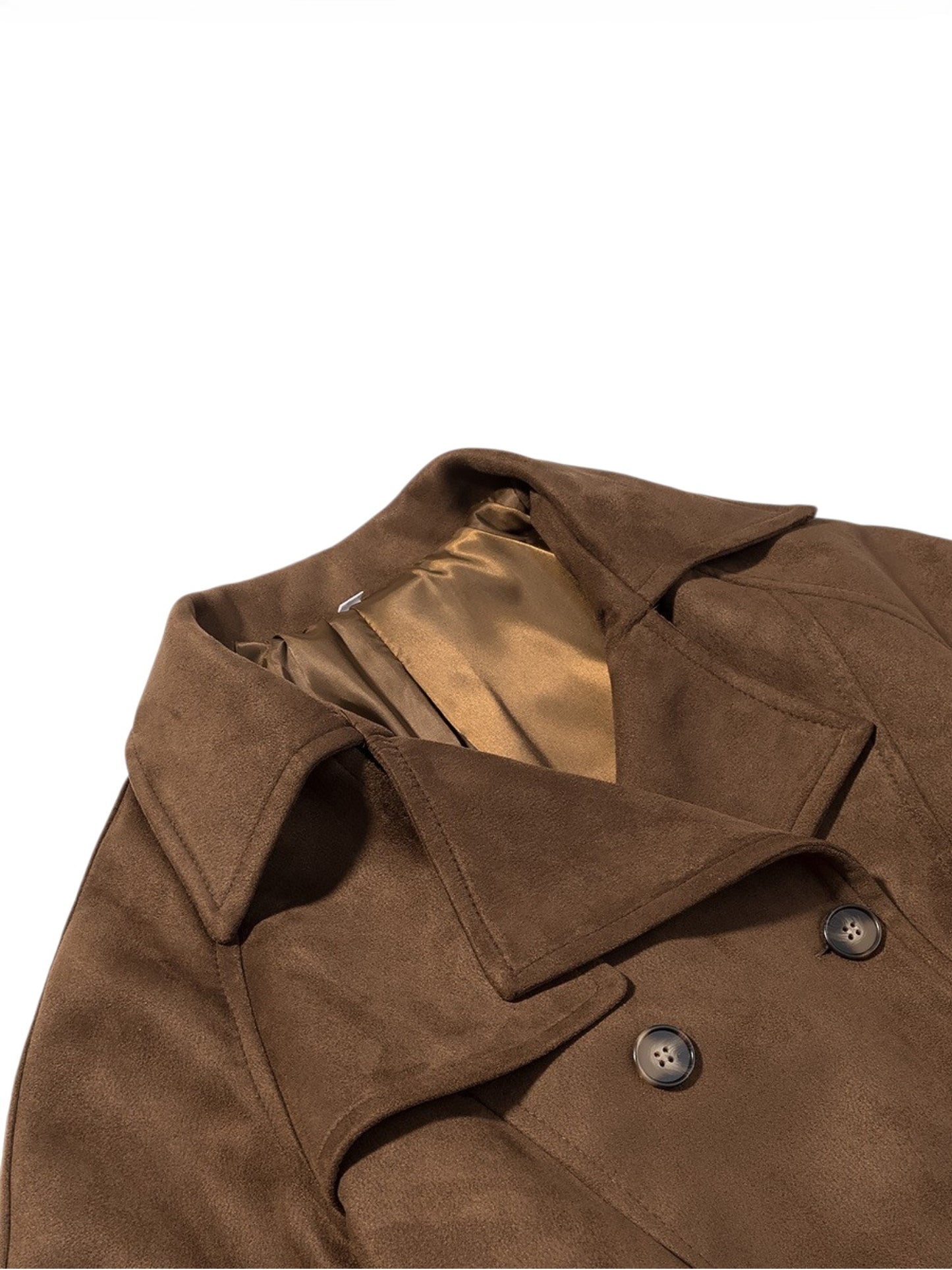 Brown coat with a close-up of the collar and buttons on a white background
