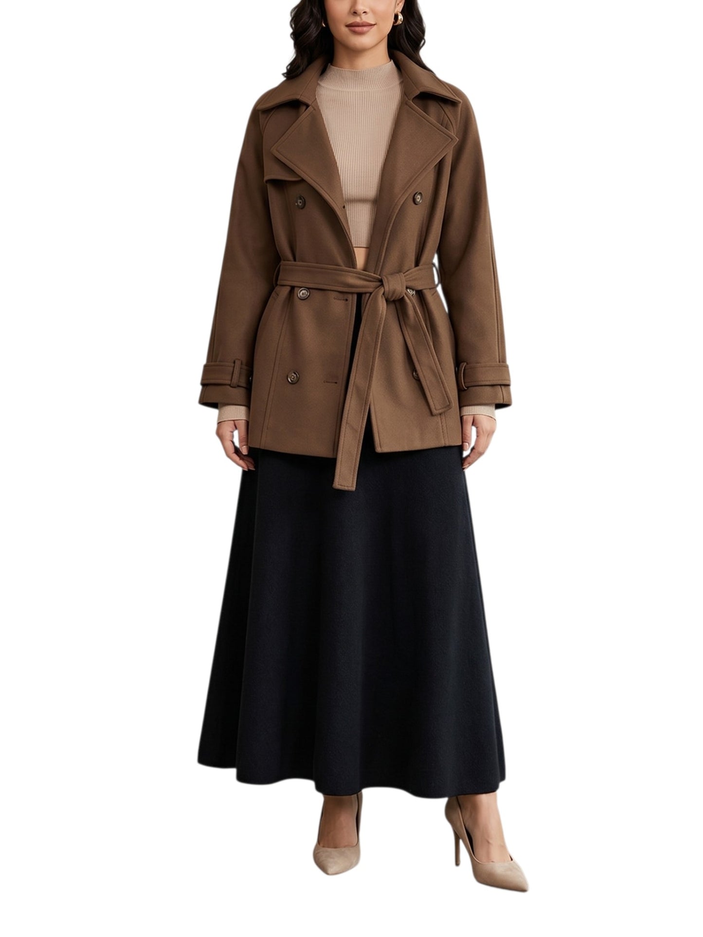 Woman wearing a brown coat with a belt on a white background front view