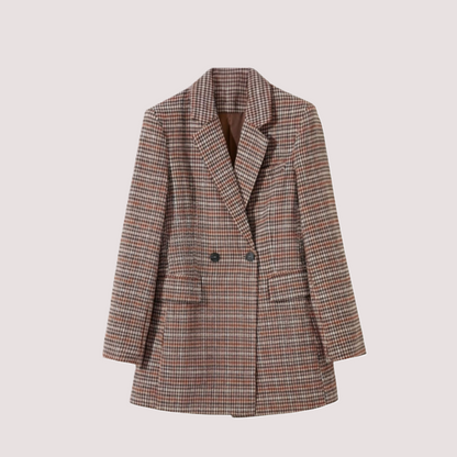 Front view of a double-breasted plaid blazer in a brown and tan multi-colour check pattern, featuring a relaxed fit, notched lapels, and two-button closure on a neutral studio background.