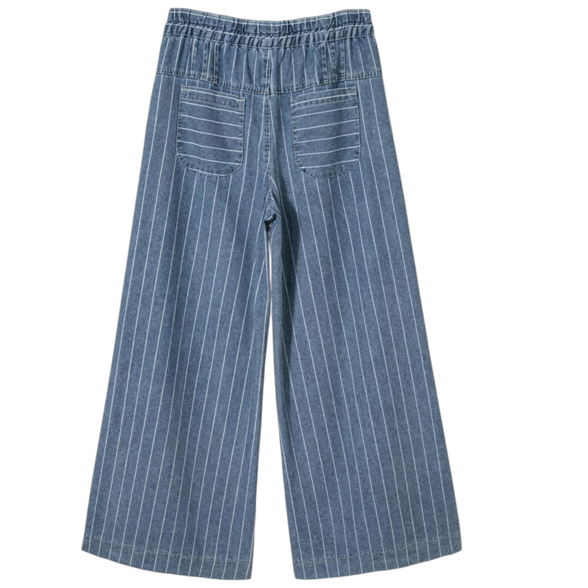 Blue pinstripe pants on a white background