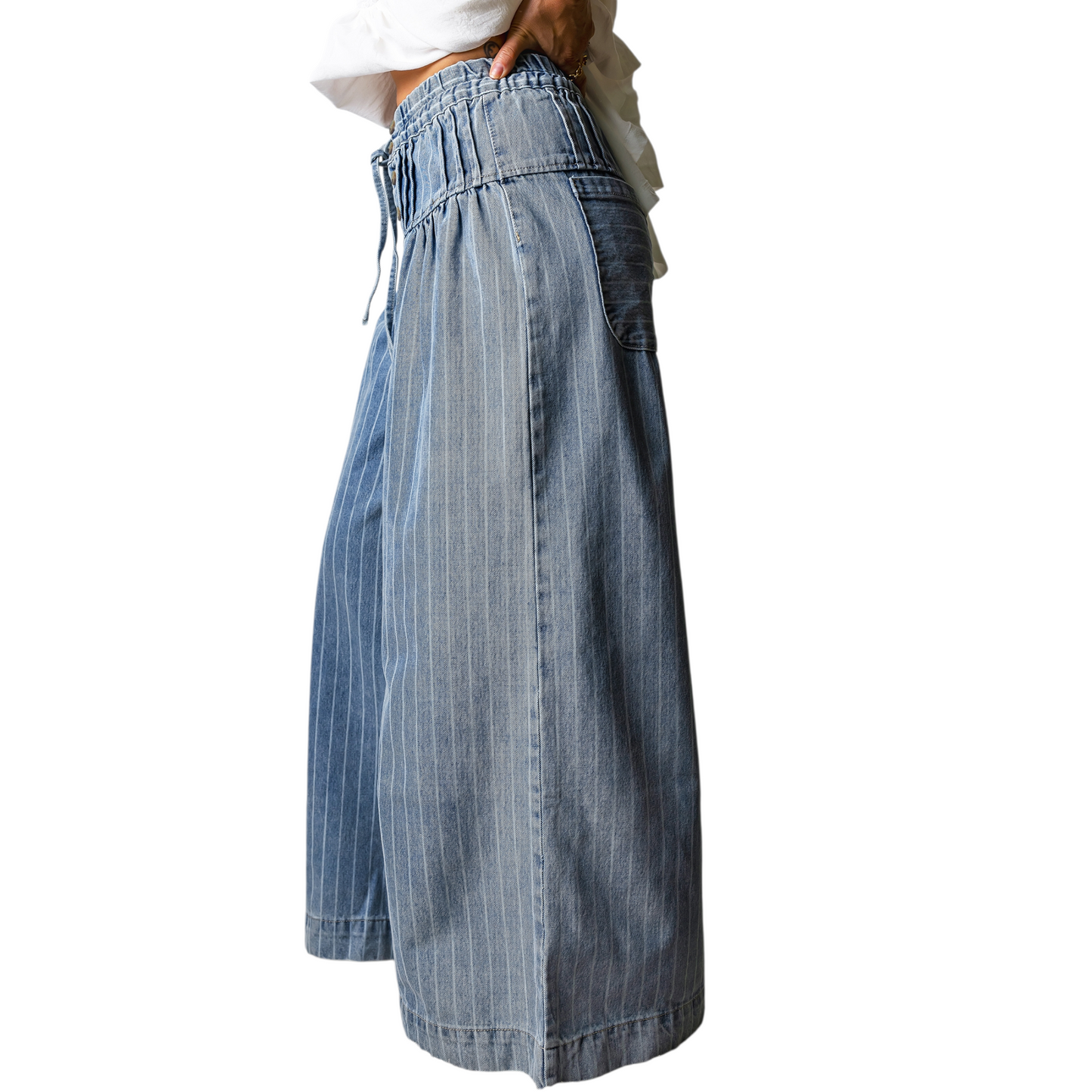 Blue denim wide-leg pants on a white background