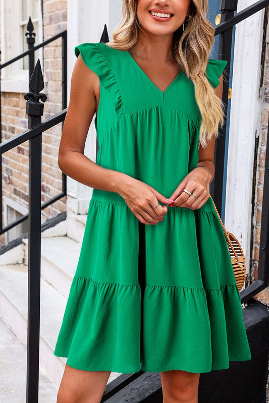 Bright Green V-Neck Ruffle Dress